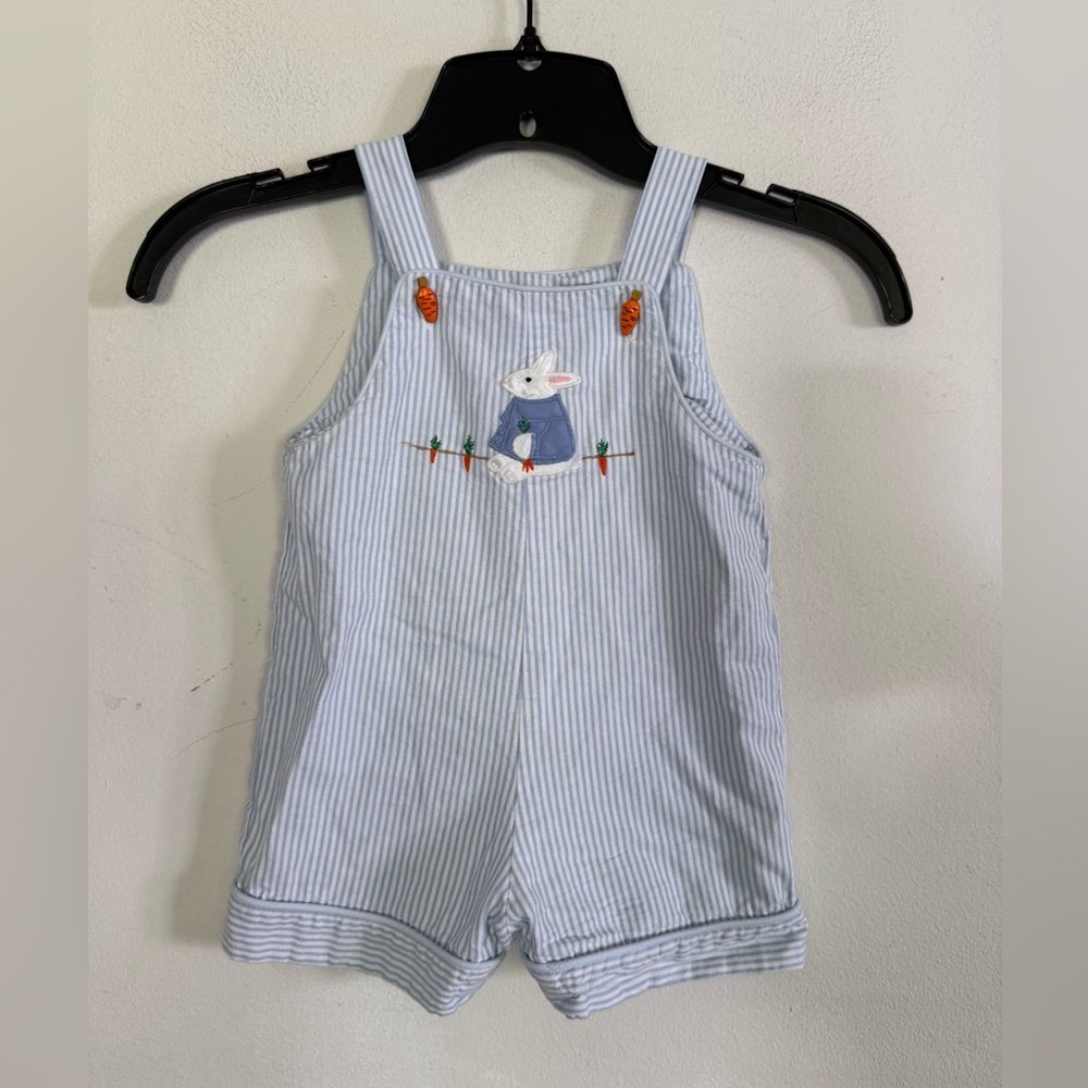 Rebecca Raggs Original Easter Rabbit Baby Blue Stripe Overall Outfit, Size 18 M